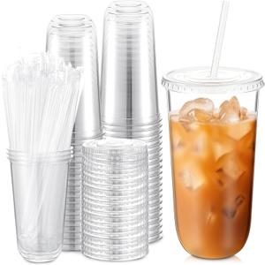 Ziliny 50 Sets Clear Plastic Cups with Lids and Straws, Disposable Iced Coffee Cups Drinking PET for Cold Drinks, Juice, Smoothie, Coffee Shops, Party, Christmas (20 oz,Clear)