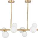 BOKT Modern Gold Globe Sputnik Chandelier Mid Century Brass Linear 10-Lights Frosted White Glass Ball Pendant Light Ceiling Lamp Dining Fixture Over Table (BP1119)