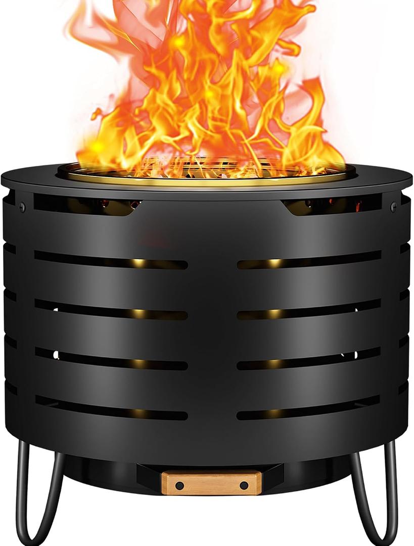 Portable Outdoor Fire Pit Set, 19 Inch Stainless Steel, Silver, Classic Style, Wood Burning, Low Smoke, Includes Fire Poker, Stand, Cloth Cover, Grill Rack