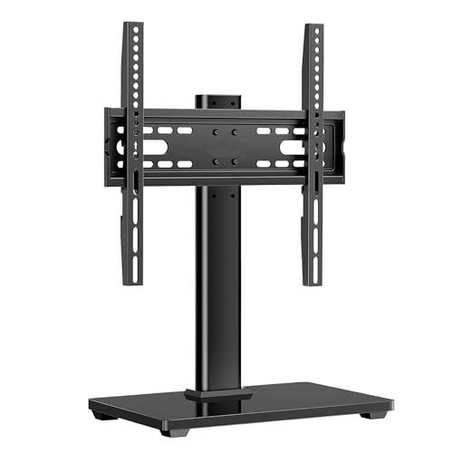 Universal 26-80" Tabletop TV Stand, 88 lb Steel & 8 mm Glass Base, 6-Level Height Snap, 10-Min No-Drill Install, VESA 100×100-400×400 mm