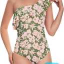 Beautikini Period Swimwear One Piece Menstrual Leakproof Swimsuit One Shoulder Ruffle Bathing Suits for Girls Teens (Small, Green Printing)