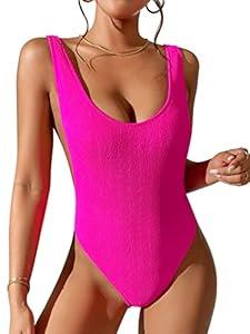 90s Trend One Piece Swimsuit Low Cut Sides Wide Straps High Legs for Women (Small, Navy)