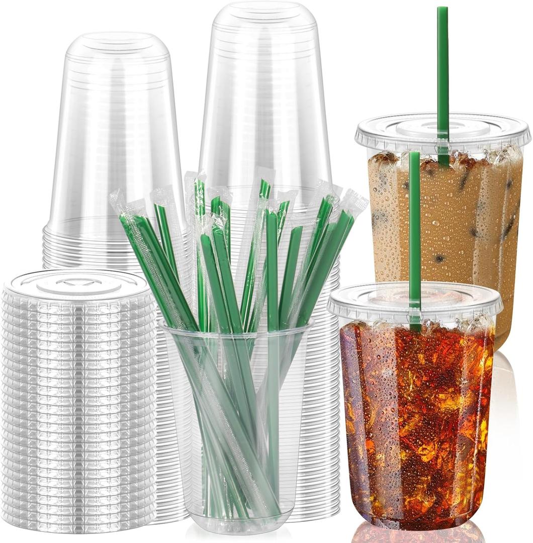 GGOLDMER 50 Set Clear Plastic Cups with Lids and Straws, 16oz Disposable Plastic Iced Coffee Cups with Lids Round Bottom for Coffee, Juice, Cold Drinks, Iced Latte