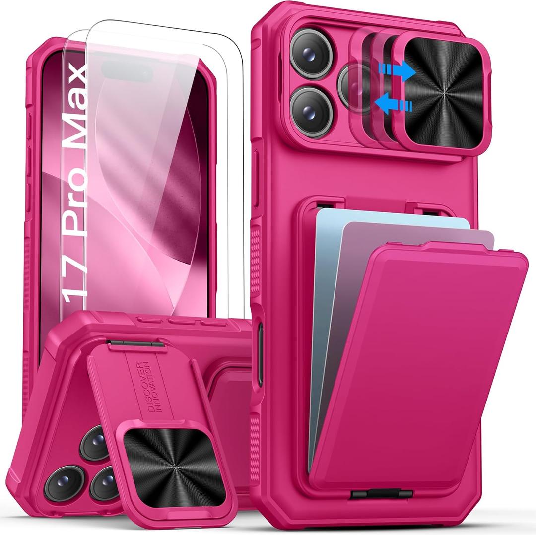 SSLOTSCASE for iPhone 17 Pro Max Case with 2X Screen Protector, [9H Hardness] Military Grade Shatterproof, Card Holder & Kickstand & Slide Lens Cover, Heavy Duty Phone Case for iPhone 17 Pro Max, Pink
