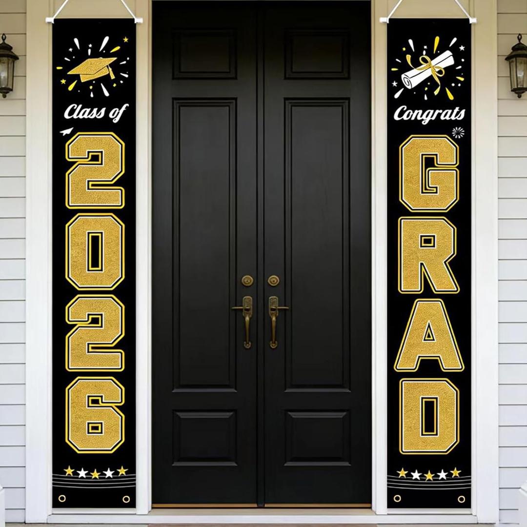 3 x 2026 Graduation Decorations GRAD Banner, Black Gold Porch Door Sign Welcome Banners for Indoor Outdoor Wall Graduated Decoration for Congrats Class of 2026, School Supplies, Graduation Party Supplies 70x12in (Black)