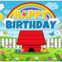 Fabric 72x43inch Cartoon Red House Backdrop Happy Birthday Blue Sky Grass Flowers Rainbow Balloons Photography Background Kids Children Party Decorations Photo Props