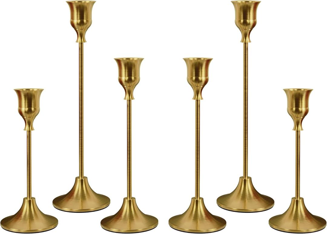 Set of 6 Brass Gold Candle Holders for Taper, Vintage Candlestick Holder Decorative Metal Candle Sticks Home Decor Centerpieces for Table Mantel Festive Decorations