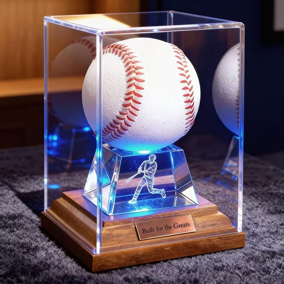 Baseball Display Case, Baseball Display Stand with LED Lights , Wooden Stand and a Bronze Medal,Cube Baseball Holder Display case, Acrylic Clear Ball Protector for Memorabilia Baseball Gifts