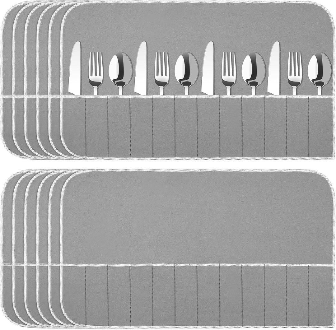 Hillban 12 Pcs Anti Tarnish Silver Storage Bags Silver Storage Cloth Felt Flatware Organizer Anti Tarnish Protector Bags Place Setting Roll with White Ribbon for Kitchen Cutlery (12 Slots,Grey) (Gray)