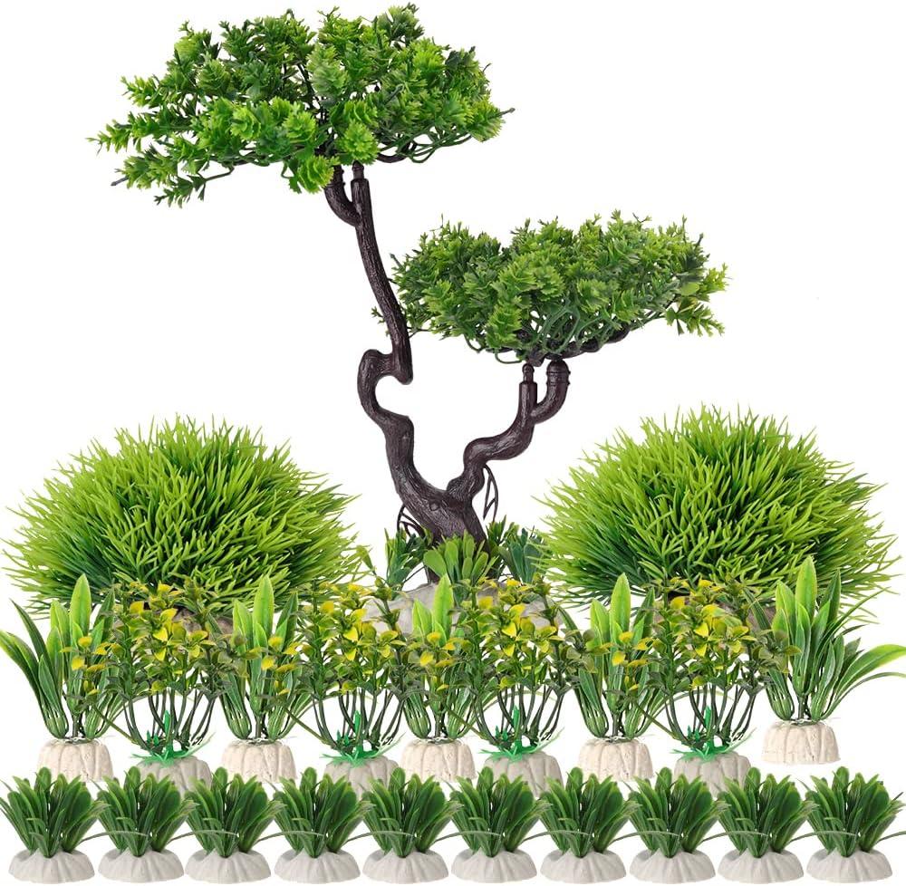 BEGONDIS 25Pcs Artificial Aquarium Tree & Plants Set - Green Fake Aquatic Plants for Aquarium Decorations