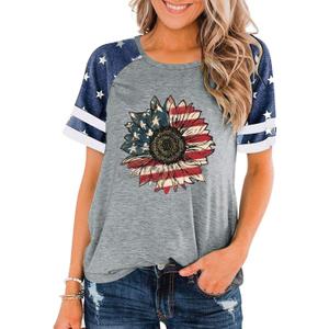 Patriotic Shirts for Women 4th of July T Shirts American Flag Graphic Tees Tops Raglan Short Sleeve Fourth of July Outfits (Medium, Grey Sunflower)