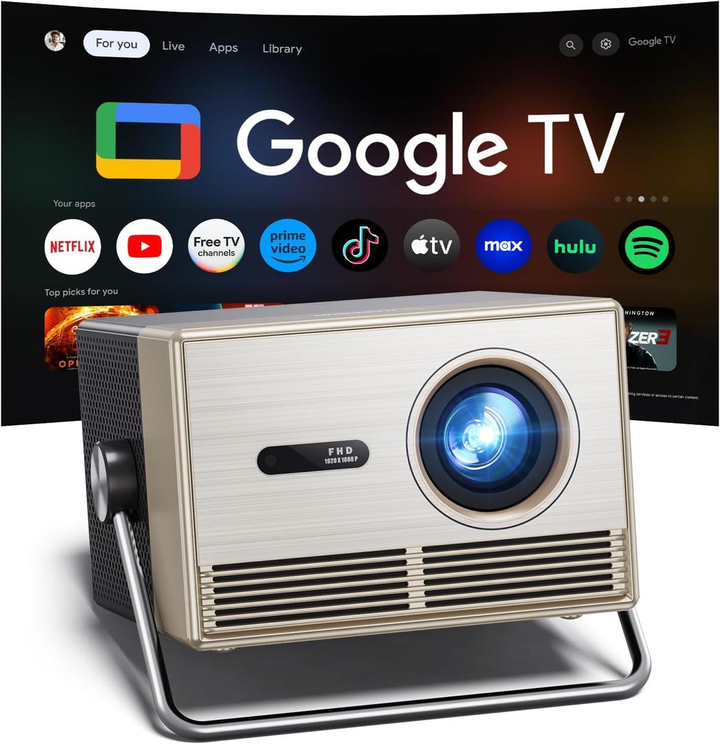 2000 ANSI Official Licensed Google TV Outdoor Projector 4K Full HD, Smart Projector with Wifi and Bluetooth, Auto Focus, Dolby Sound,Built-in Apps,HAPPRUN Indoor Home Theater for Phone/TV Stick/PC/PS5