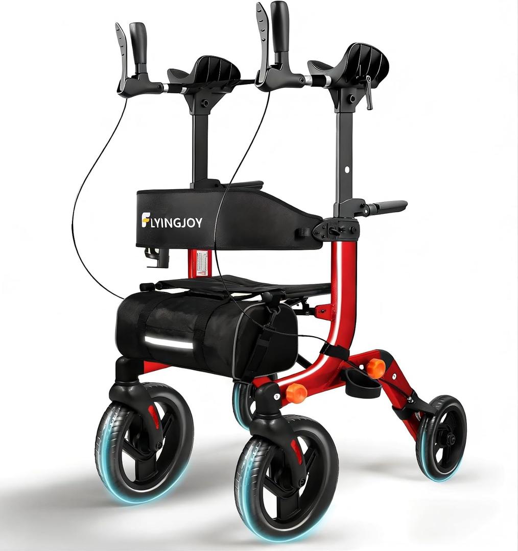 Lightweight Upright Rollator Walker All-Terrain Foldable with seat and Adjustable Height backrest, 300 lbs Capacity, 10" Front & 8" Rear Wheels for Seniors, Adults, bariatric, Includes Cane Holders