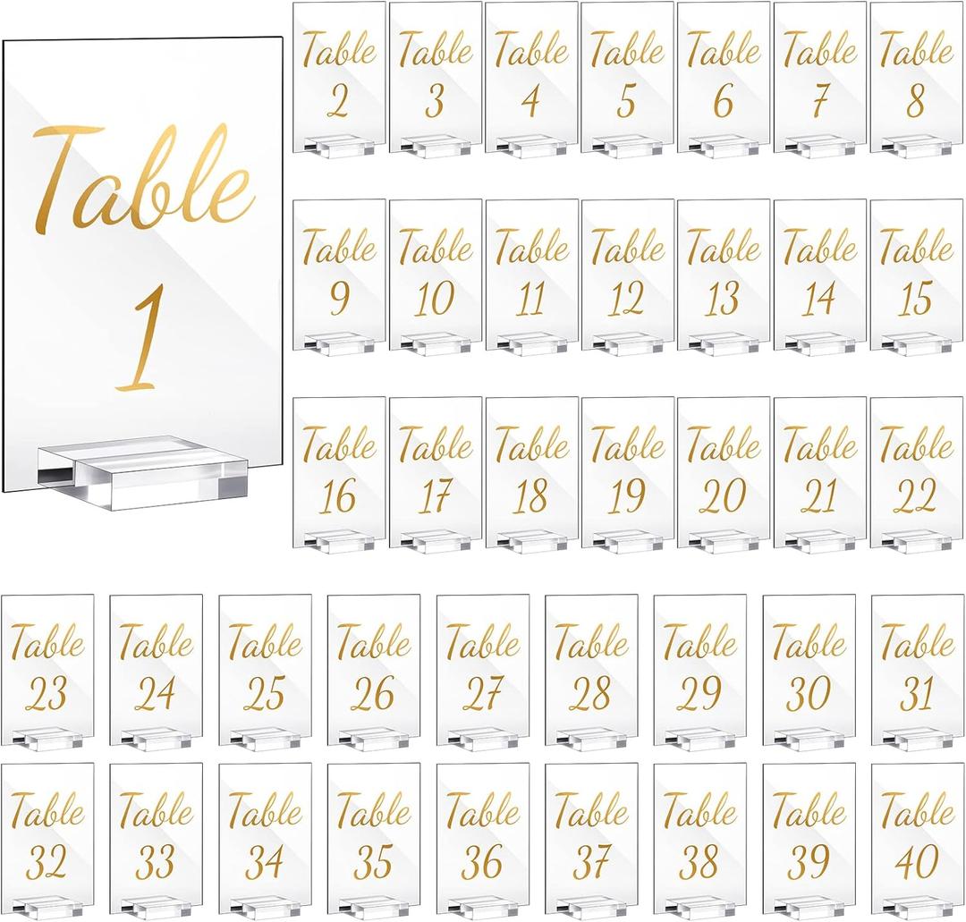 Tuanse 40 Pack Gold Acrylic Wedding Table Numbers 1-40 Clear Stand with Calligraphy Holders - 4 x 6 Inch Acrylic Table Signs for Wedding Reception Centerpieces