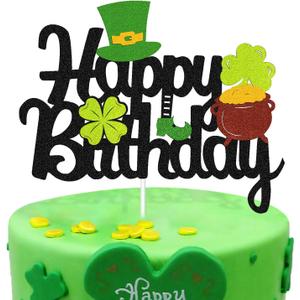 3 x St Patrick’s Day Birthday Cake Topper Lucky St Paddy’s Day Four Leaf Clover Shamrock Irish Themed Cake Smash Decorations for Happy Birthday 1ST 2nd Bday Black Party Supplies