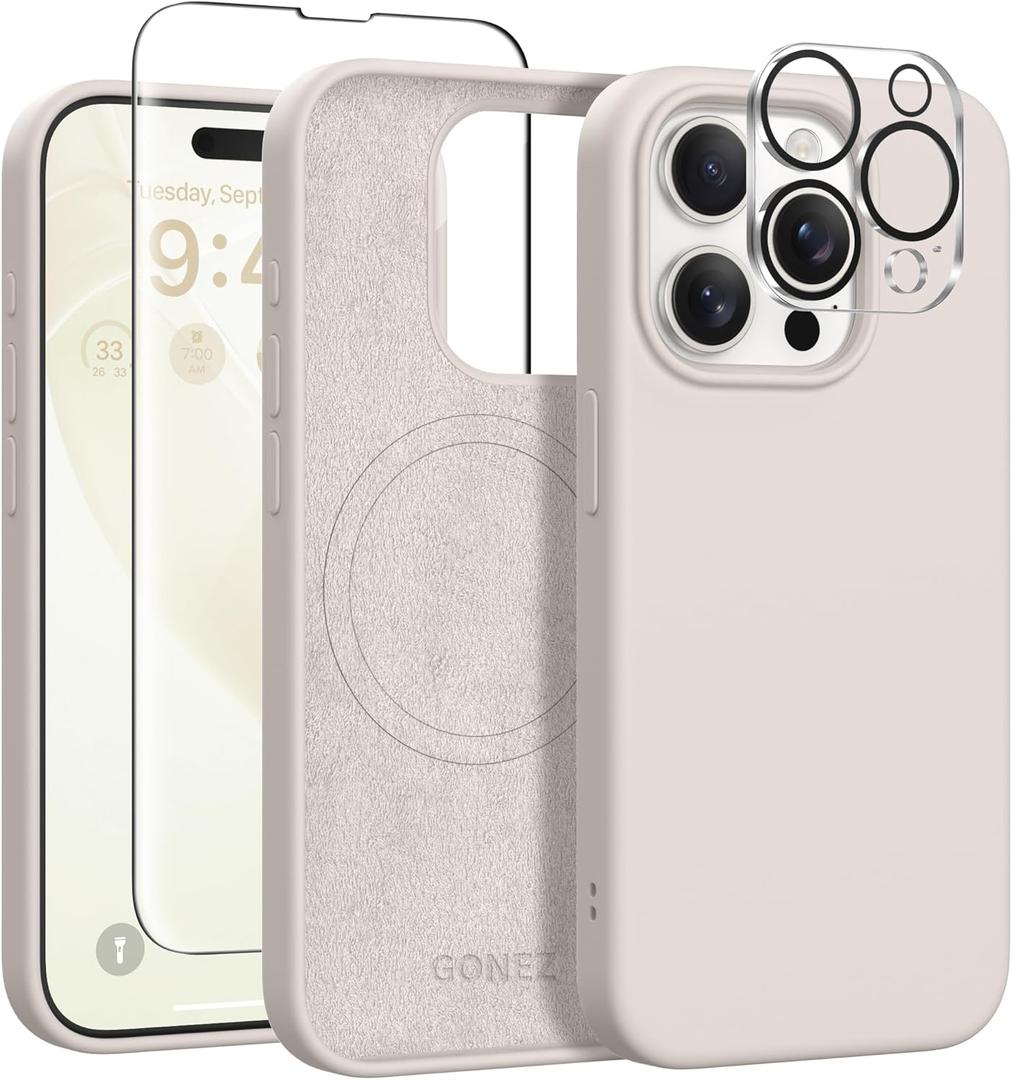 GONEZ for iPhone 15 Pro Max Case Silicone, Compatible with Magsafe, Camera Protector + Screen Protector, Soft Anti-Scratch Microfiber Lining, Liquid Silicone Shockproof Phone Cover, Stone