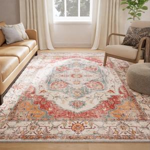 5x7 Area Rug Vintage Machine Washable Low Pile Carpet No Shedding Area Rugs for Living Room Bedroom Dining Room Kitchen Entryway Hallway Office Indoor-Brick/Pink