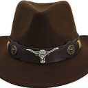 Western Cowboy Hat Wide Brim Felt Cowgirl Fedora Classic Panama Cowboy Hat with Belt Buckle for Women Men