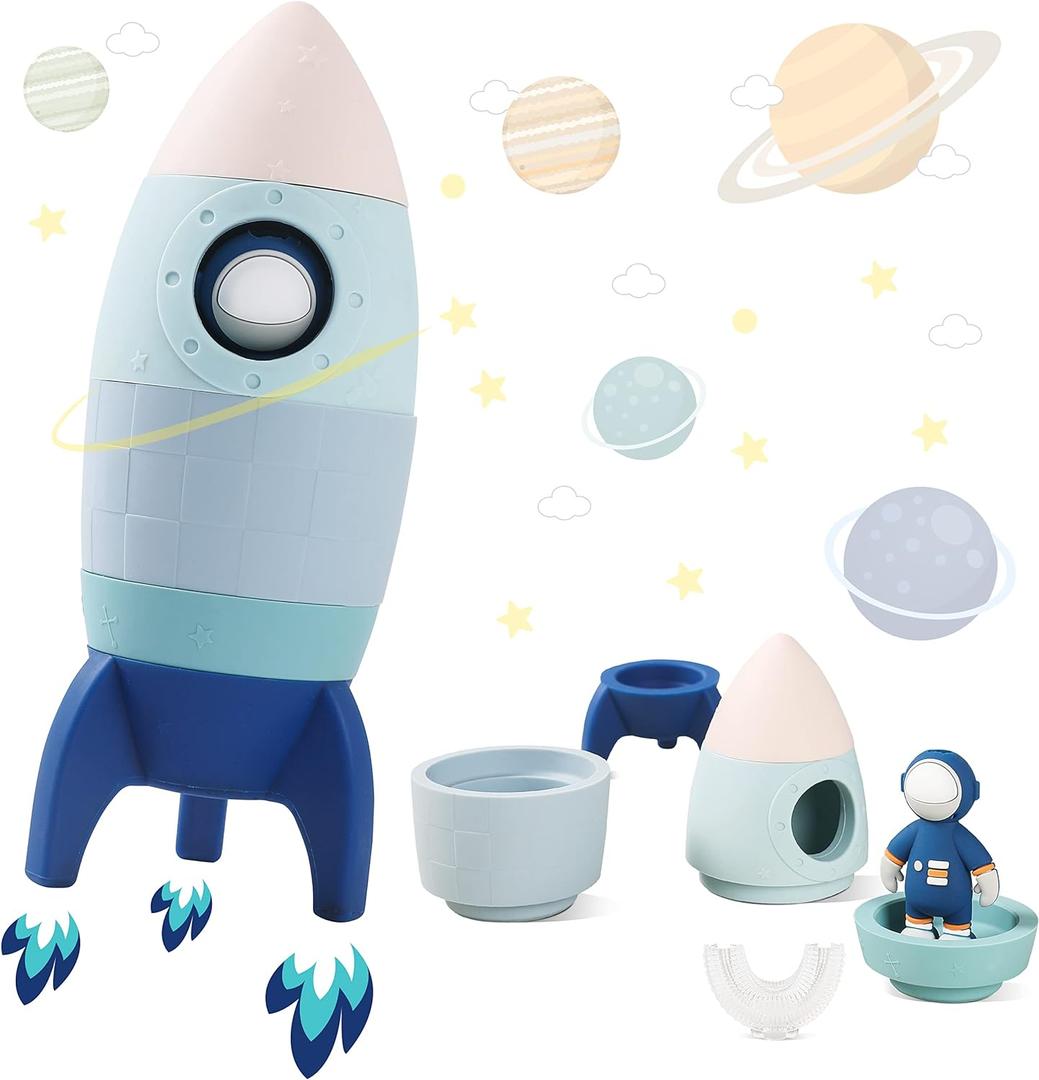 Silicone Rocket Stacking Toy - Space Rocket Toy - Baby Teething Toys -Early Learning Stacking Tower Educational Learning Stacking Toys Nesting Toy for Early Educational for Infants (Blue)