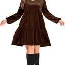 Women's Velvet Dress Long Sleeve Loose Flowy Swing Tunic Velvet Dress Plus Size Dress with Pocket (Brown, XL)