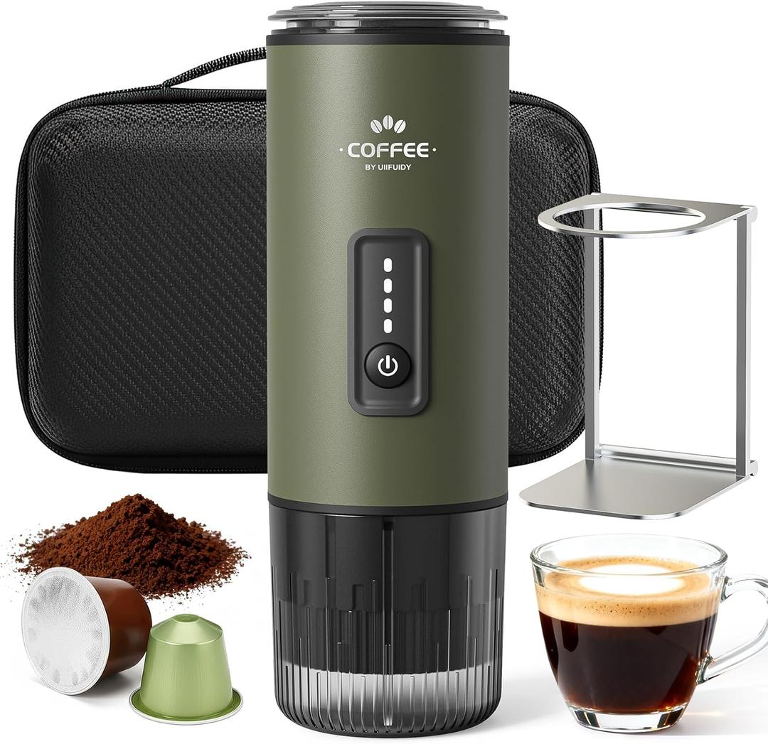 Portable Espresso Maker, 3 in 1 Coffee Maker Set with Carrying Bag and Coffee Stand, Coffee Machine Works with Ground Coffee & Capsule Pod, Self-Heating Brewer with USB-C for Travel, Hiking, Office, Forest Green