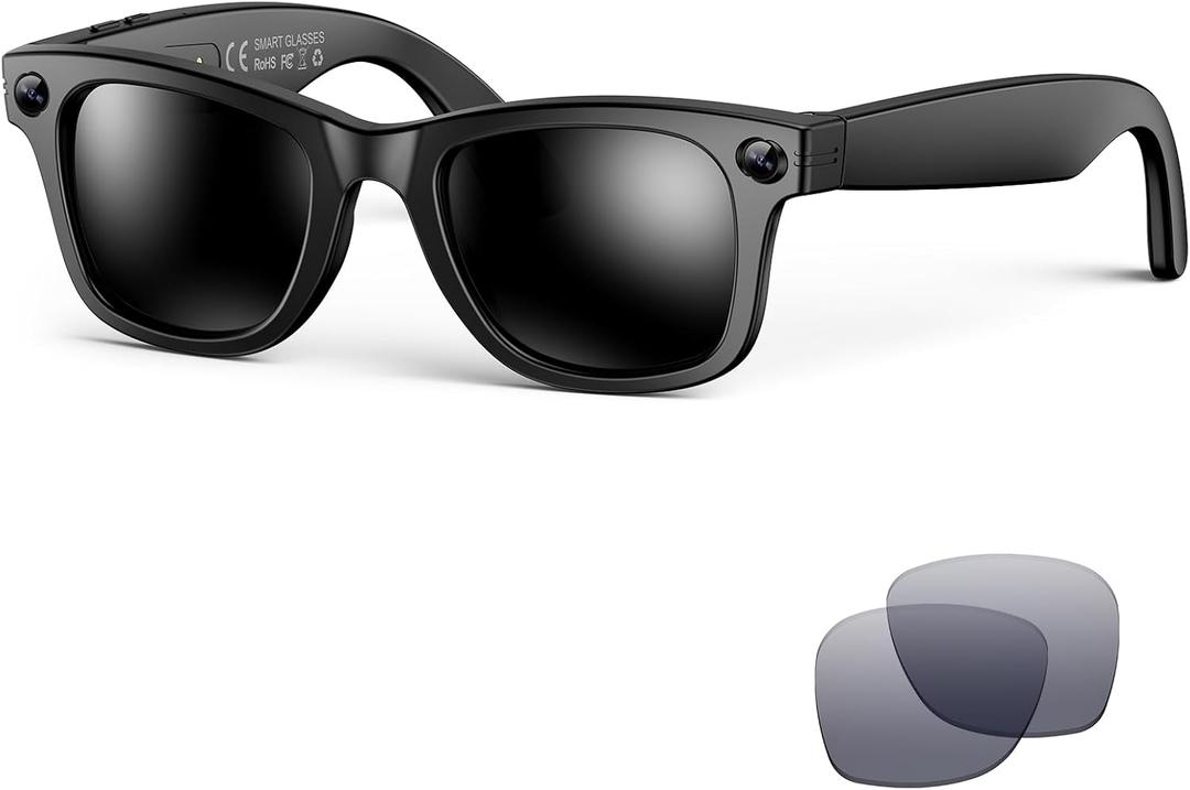 AI Smart Glasses for Men Women,8MP 2K HD Camera Glasses, AI Voice Control, AI Photo Recognition, Real-Time Translation, Smart Sunglasses with Bluetooth Call,IP67 Waterproof for Driving,Outdoor,+2 Lenses. (Matte Black Frames, Sunglasses Lenses)