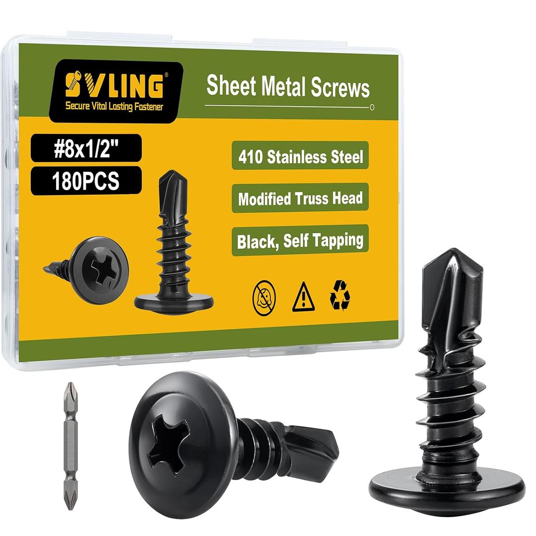 Self Drilling Screws for Metal,#8 x 1/2 Inch 180Pcs Sheet Metal Modified Truss Head,410 Stainless Steel Black Zinc Plated Self Tapping Screws