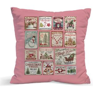 Pink Vintage Christmas Pillow Covers, Winter Holiday Pillow Covers 18x18, for Women Girls, Winter Holiday Pillows Decorative Decor Decorations Pillows for Couch Sofa