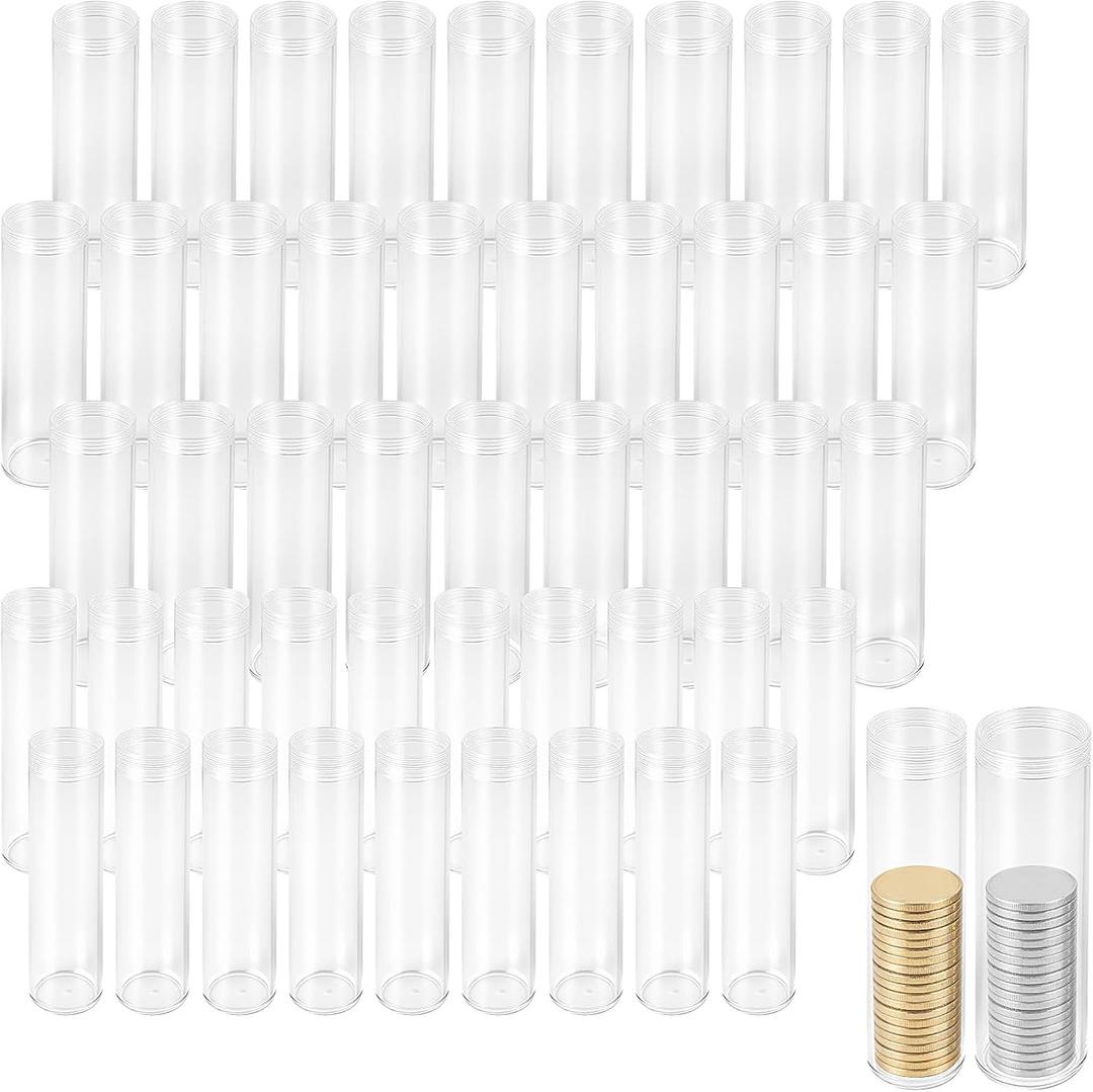 50 Pcs Plastic Coin Tubes, 2 Assorted Sizes Quarter Storage Tubes with Screw on Lid, Clear Coin Rolls Quarter Holders for Coins Collection Supplies