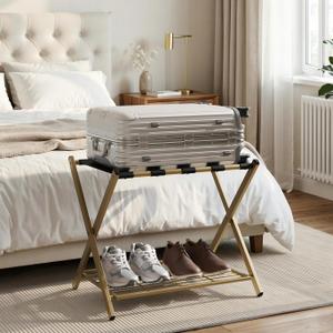 Smart FENDEE Steel Luggage Rack Fully Assembled, Folding Suitcase Stand with Shoe Shelf, Portable Luggage Holder for Guest Room, Bedroom, Hotel (Brass, 1 Pack)