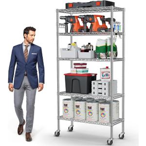 YNN Storage Shelves,1750Lbs 5 Tier Heavy Duty Metal Rolling Shelving Unit with Wheels & 8 Hooks, Adjustable Garage Wire Rack for Kitchen, Bathroom,Industrial,Pantry(36" W x 14" D x 72" H, Chrome)