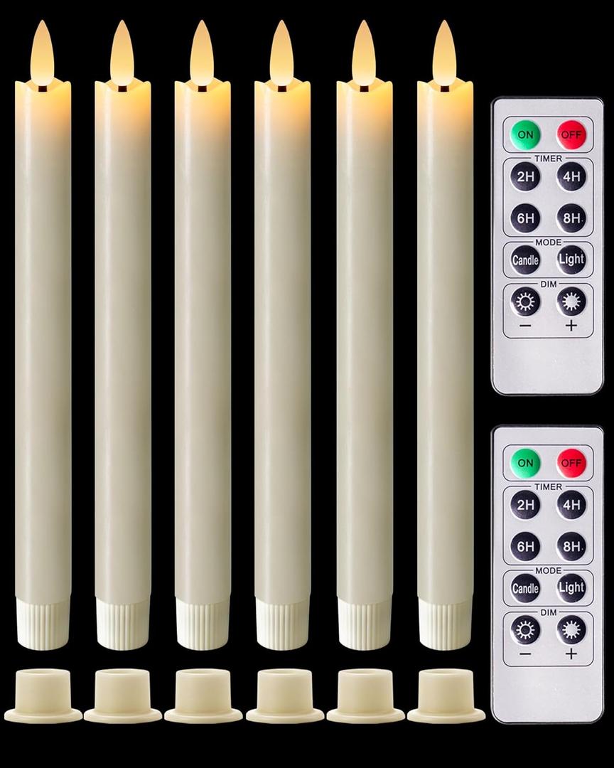 Homemory Real Waxy Flameless Taper Candles with Remote Timer, LED Candlesticks Flickering, Battery Operated Candles with Holders, 9.6 Inches for Home Christmas Wedding Celebration Decor, Ivory, 6 Pcs