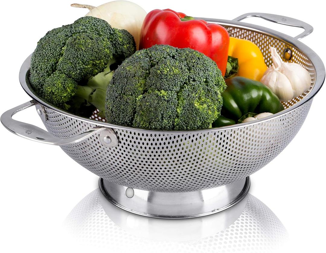Stainless Steel Micro-Perforated 5-Quart Colander - Professional Strainer with Heavy Duty Handles and Self-draining Solid Ring Base - Dishwasher Safe