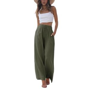 Faleave Women's Cotton Linen Summer Palazzo Pants Flowy Wide Leg Beach Trousers with Pockets, Extra Large, Army Green 