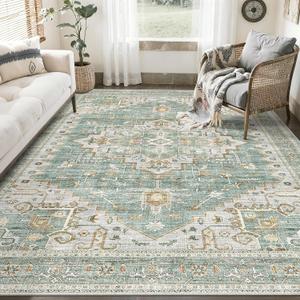 Area Rugs for Living Room - 4x6, Boho Non-Slip Low Pile Carpet Machine Washable Rugs for Bedroom, Farmhouse, Office, Dining Room (Green)
