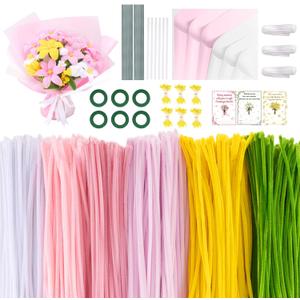 1800PCS Pipe Cleaners Craft, Pipe Cleaner Bulk Flower Kit, 6 Colors Chenille Stems Flower Making Kit with Floral Wrapping Paper and Ribbon, Gardening Tape, Stamen for Art and Craft Supplies