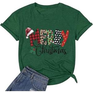 Merry Christmas Letter Print Crew Neck Casual Comfy T Shirts for Women Loose Fit Graphic Trendy Funny Family Xmas T Shirts for Women Family Holiday Letter Print Tee Tops(Green XL)