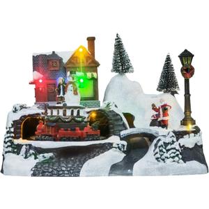 Christmas Village Houses - Colorful Animated Scenes with Rotating Train & Santa, Musical Christmas Village Train Collectible Building for Xmas Indoor Decoration
