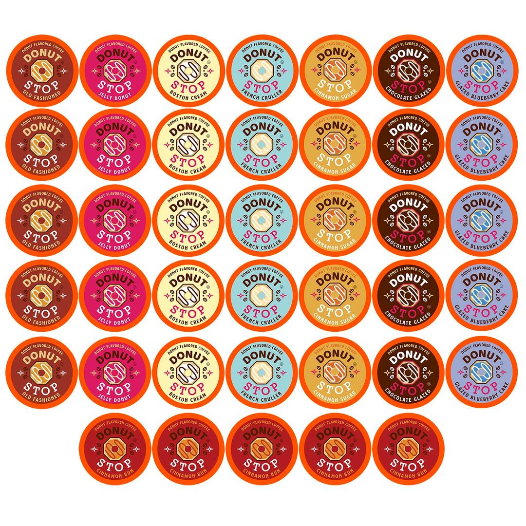 Donut Stop Flavored Coffee Pods, Compatible with 2.0 K-Cup Brewers, Donut Flavor Coffees, Assorted Variety Pack, 40 Count