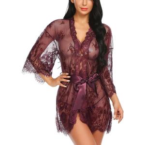 Avidlove Women's Lace Kimono Robe Babydoll Lingerie Mesh Nightgown (Large, Wine Red)