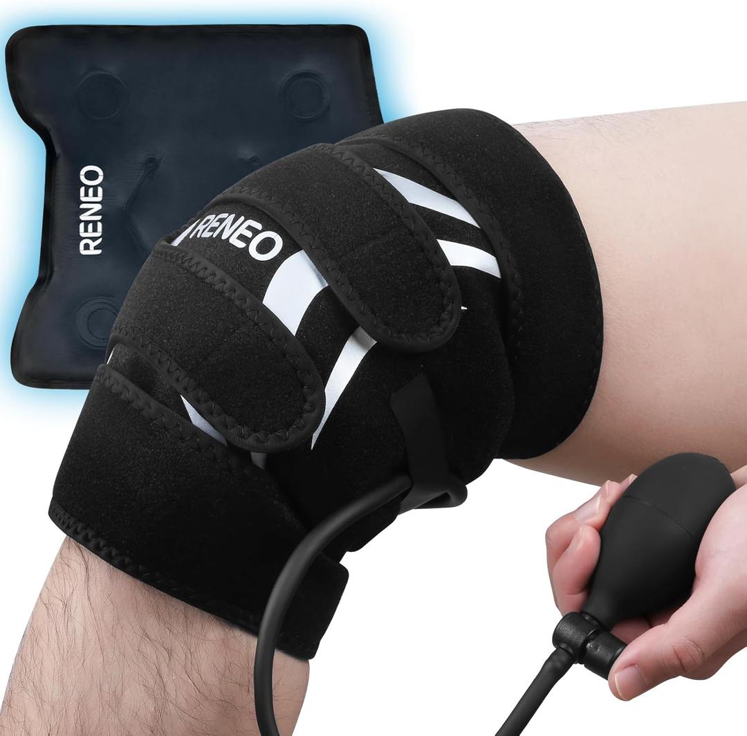 RENEO Compression Knee Ice Pack Wrap with Air Pump, Adjustable Knee Brace with Cold Packs Reusable, Hot and Cold Therapy for Women Men, Post-workout Recovery