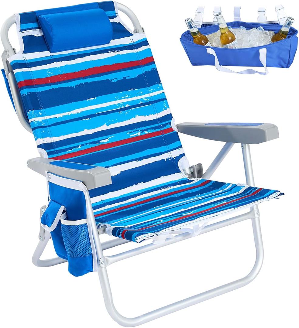 SUNNYFEEL Low Beach Chair 5 Position Lay Flat, Portable Folding Backpack Beach Chairs Heavy Duty with Cooler Bag, Cup Holder for Outdoor/Lawn/Picnic/Fishing, Foldable Camping Chair (New BlueStripe), 16D x 28W x 29.5H in