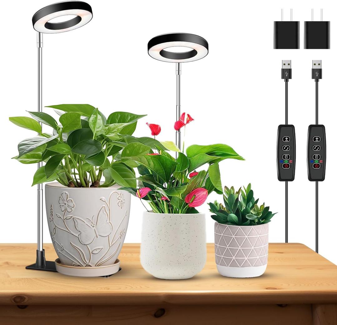 Kullinss Grow Light, 48 LEDs Full Spectrum Plant Lights for Indoor Growing, Halo Plant Light with 3/9/12H Timer, 3 Color Modes, 10 Brightness, Height Adjustable Grow Lamp for Small Plants (2 Pack)