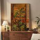 Framed Boho Tropical Botanical Wall Art for Living Room, Brown Green Plant Leaf Paintings Prints Canvas Artwork for Walls, Vertical Mid Century Modern Wall Decor for Bedroom Kitchen Home, 24x36 Inch