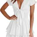 PRETTYGARDEN Women Summer Short Dress 2026 Casual V Neck Short Sleeve Tiered Bow Mini Sun Dresses Beach Vacation Sundress (White, XL)