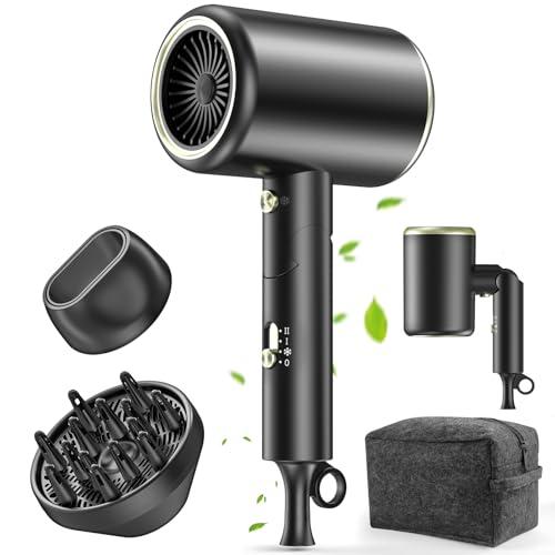 Hair Dryer, 150000RPM Ionic Blow Dryer - Fast Drying, Low Noise, Foldable Portable with Diffuser and Nozzle, Compact Mini for Women and Men, Home and Travel(Black)