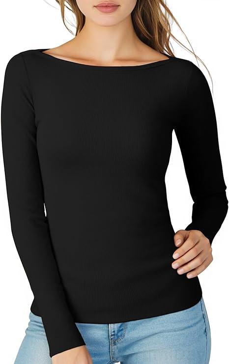 Womens Seamless Boat Neck Tops Casual Layering Long Sleeve Shirts Basic Fitted Spring Fall Clothes 2025 (Small, Black)