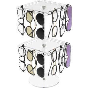 360 Rotating Acrylic Sunglasses & Eyeglasses Display Rack - Double-Tier Clear Tabletop Organizer for Eyewear (Square)