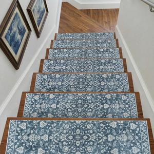 Breling 15 Pcs Blue and White Floral Stair Treads for Wooden Steps 8x30 Inches Stair Treads Indoor Non-Slip Carpet Runner Decorative Long Rugs Safety Mats for Indoor Carpet Covers Elders and Dogs