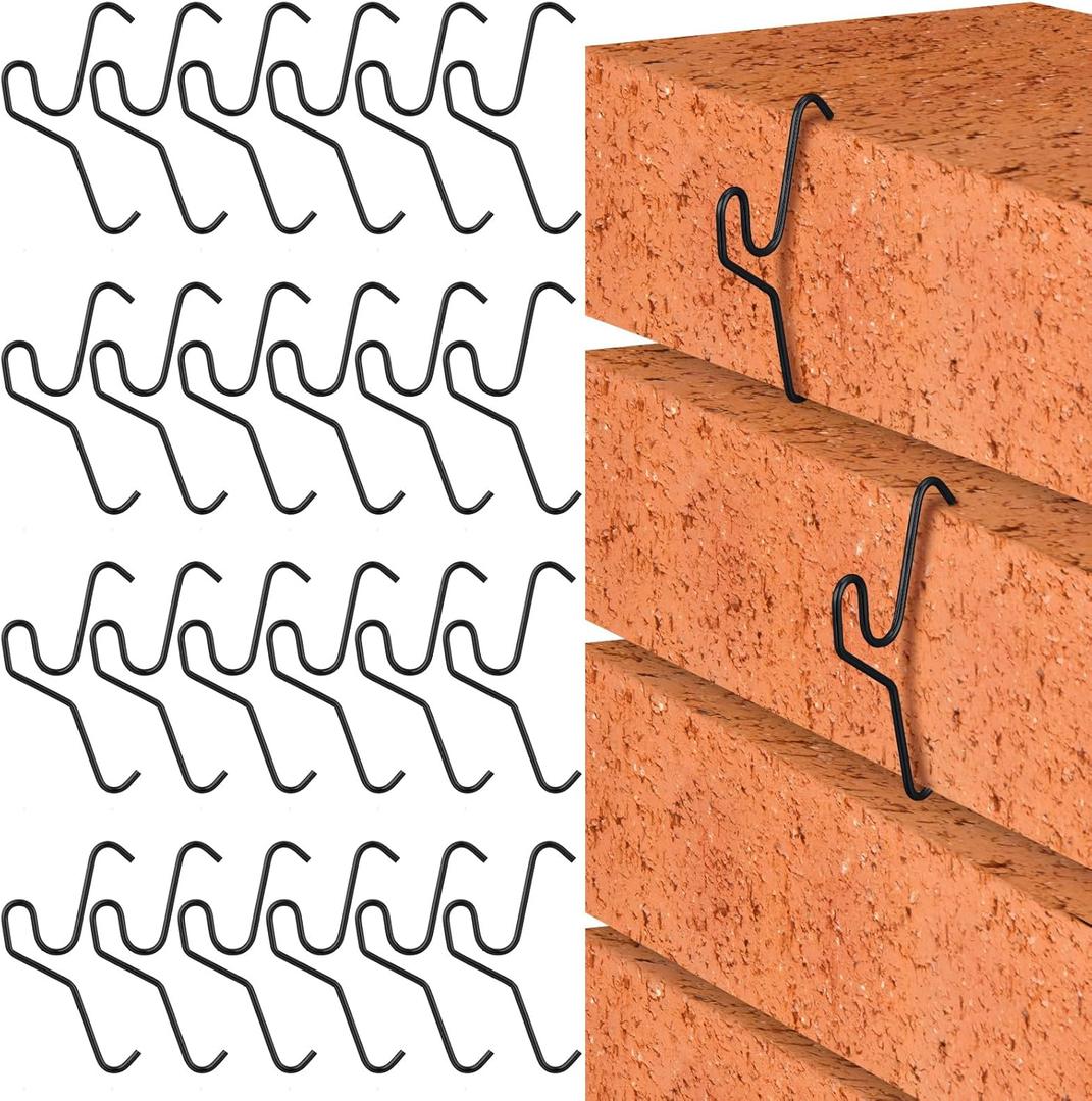 24 Pack Brick Hook Wall Clips Installed Require More Than 1/8" Brick Gap Fits 2-1/4 to 2-2/5 Inch High Bricks Mounting Without Drilling for Outdoor Hanging Wire Wreath (Black)